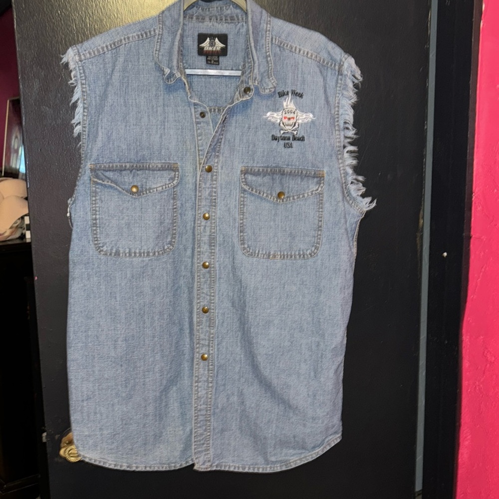 Vintage commemorative Bike Week denim biker’s shirt from Biker Design. Sz XL.